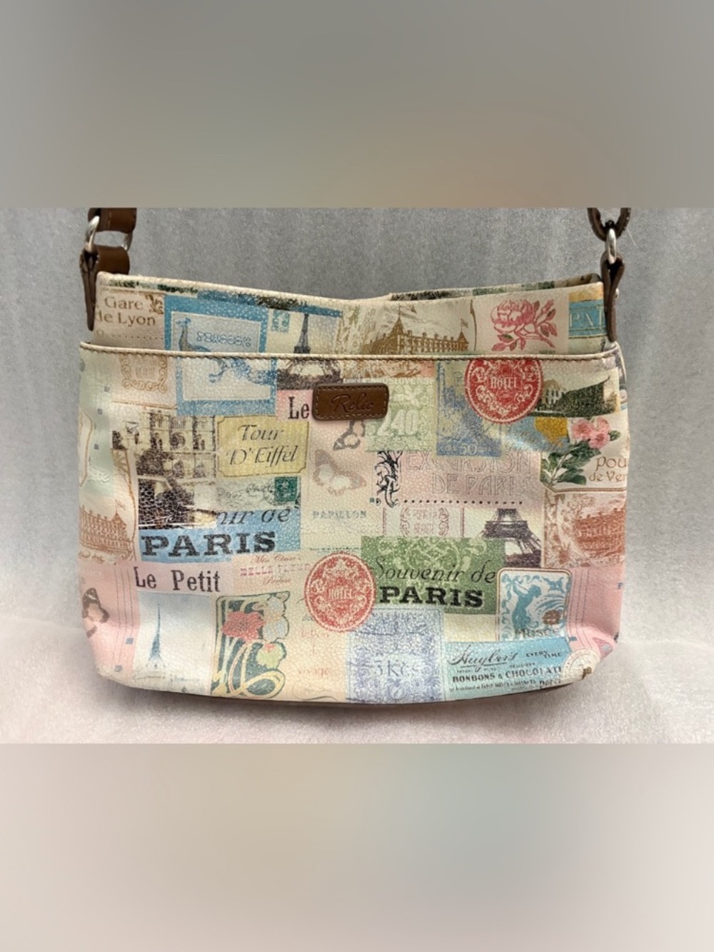 Relic Paris Postcard Collage Crossbody Bag Eiffel Tower Print Multi Pocket Y2K